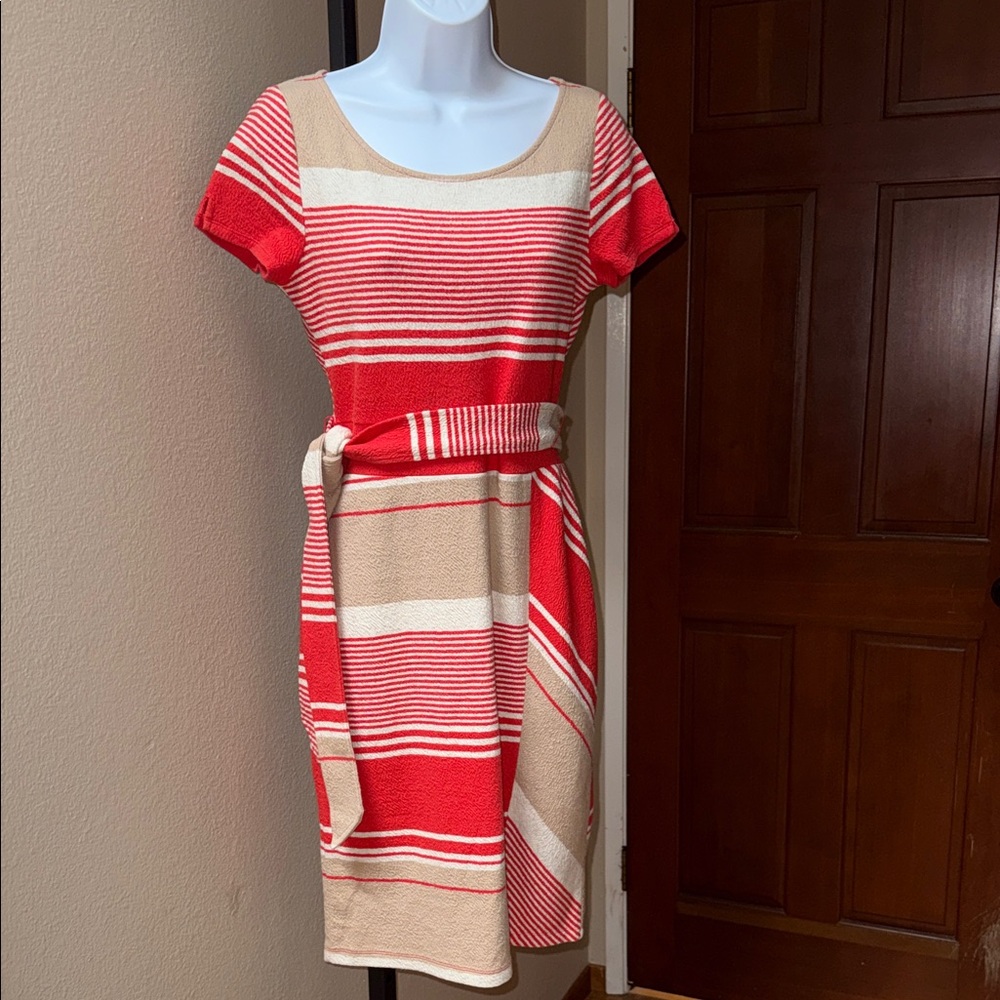 Anthropologie Lilka Sorelle Striped Coral Khaki Tan Knit Dress Women’s Size S
